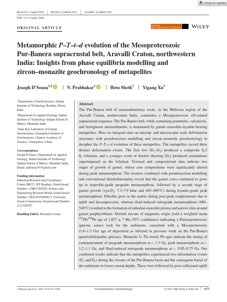 Journal Metamorphic Geology 2021 D Souza Metamorphic P T t d