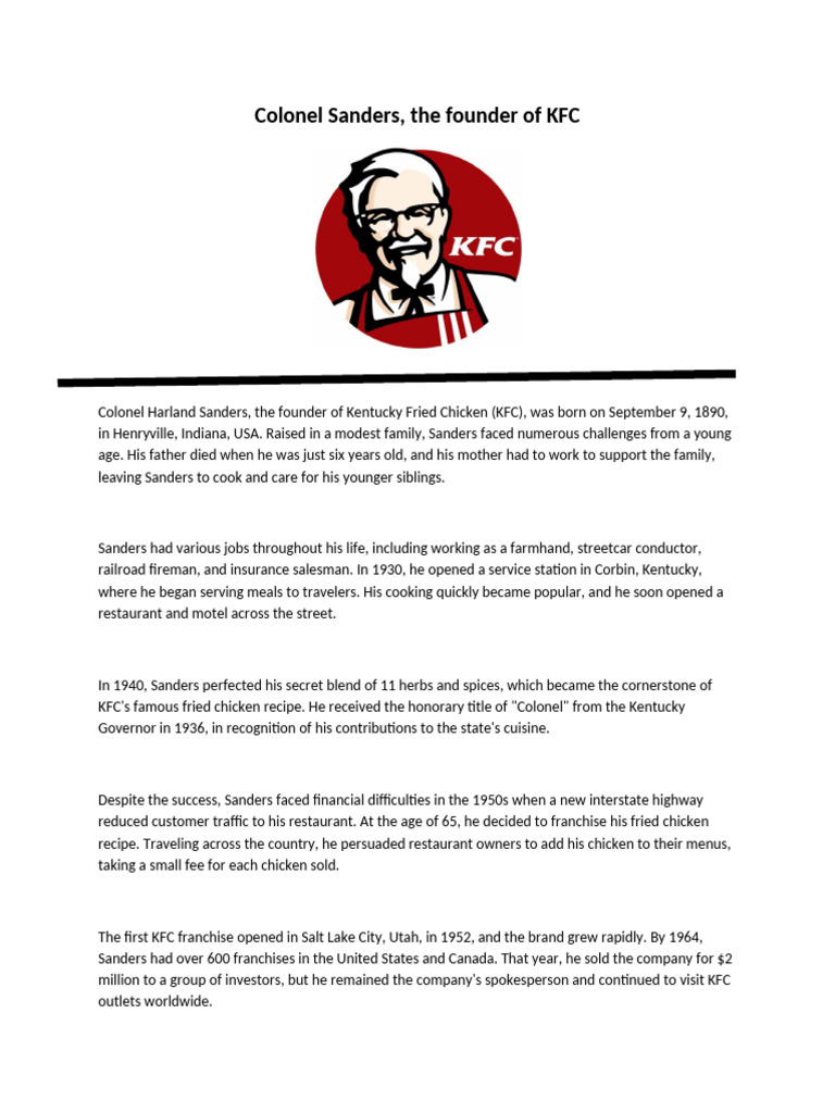 Colonel Sanders: KFC Founder Story | PDF