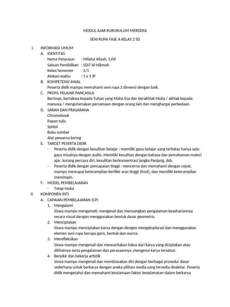 Modul Ajar Seni Rupa Kelas 2 SD | PDF | Karier & Perkembangan | Seni ...