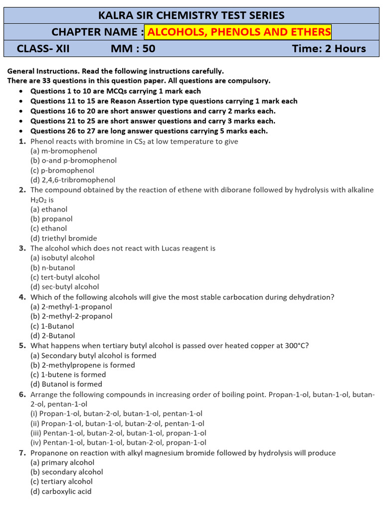 Class 12 Alcohols, Phenols, Ethers Test | PDF | Ether | Chemical Reactions