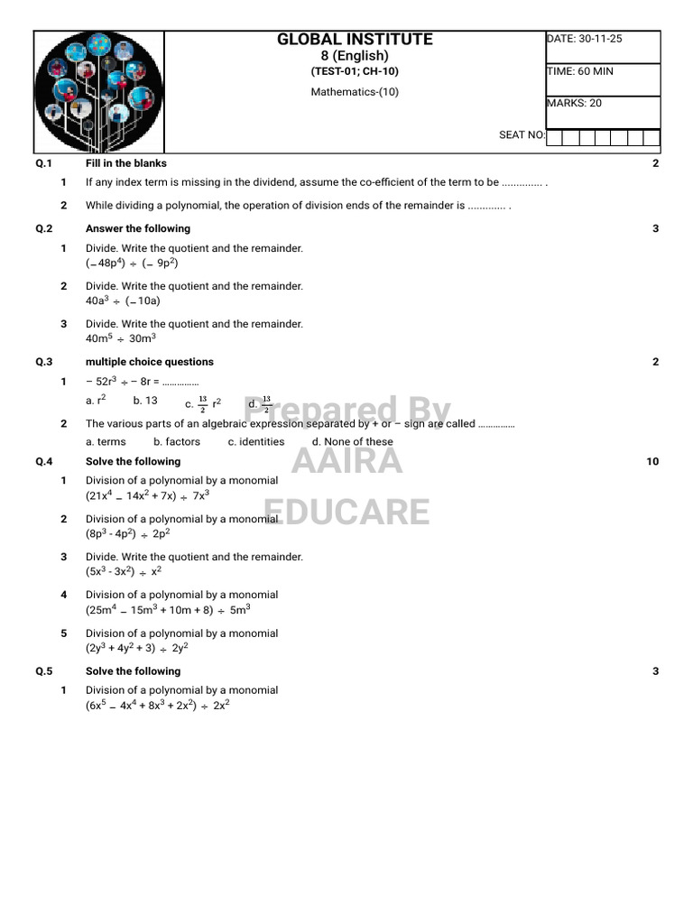  qp test 01 ch 10 std 8 mathematics ii pdf polynomial