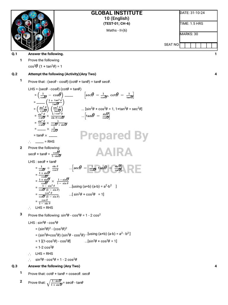 (QP - Test-01 CH-6) (Std. 10 Mathematics 'Ii') | PDF | Mathematics