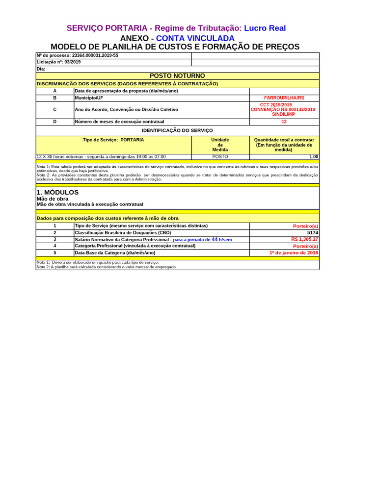 Planilha de Custos para Porteiro Noturno | PDF | Férias trabalhistas ...