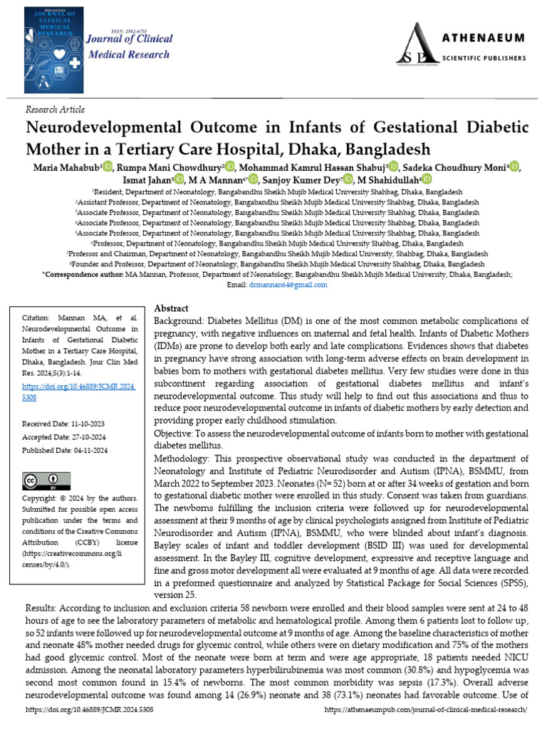 Neurodevelopmental Outcome in Infants of Gestational Diabetic Mother in ...