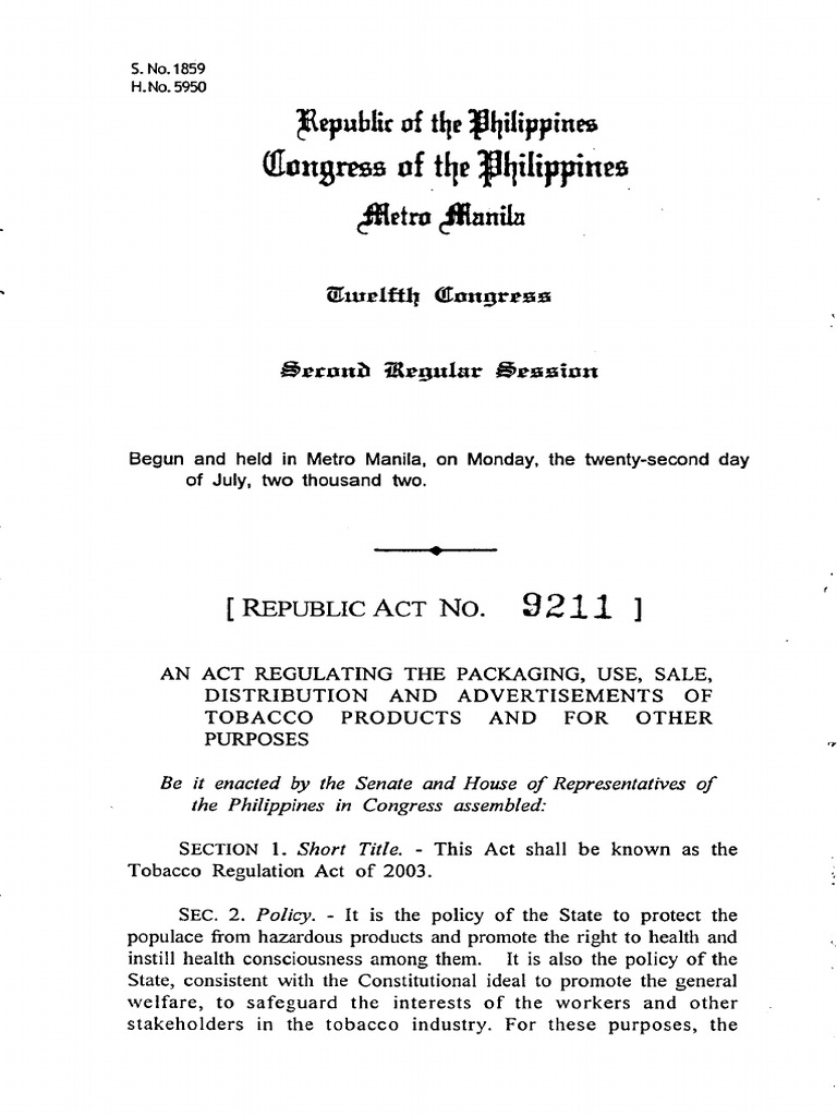 policy of tobacco regulation act Tobacco Regulation Act of 2003 Overview | PDF Overview of RA 9211: Tobacco
