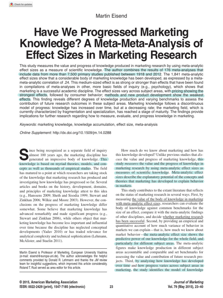 Progress in Marketing Knowledge: A Meta-Analysis | PDF | Meta Analysis ...