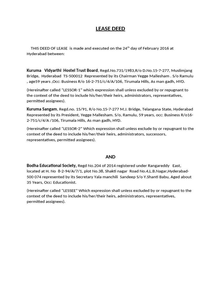 Lease Deed Between Kuruma Trust and Bodha Society | PDF