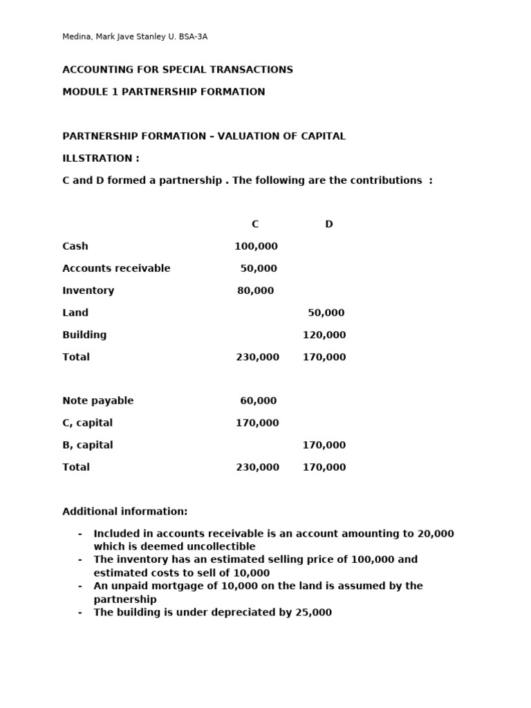 Partnership Formation and Capital Valuation | PDF | Debits And Credits ...