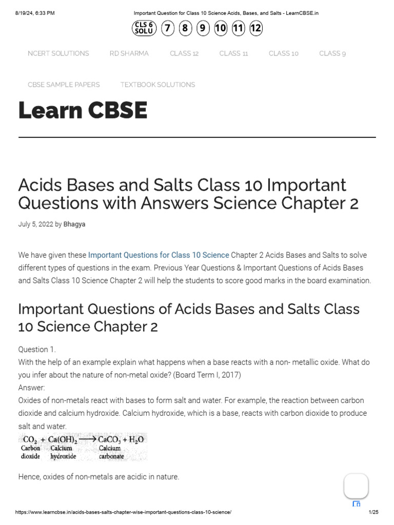 Important question for class 10 science acids bases and salts