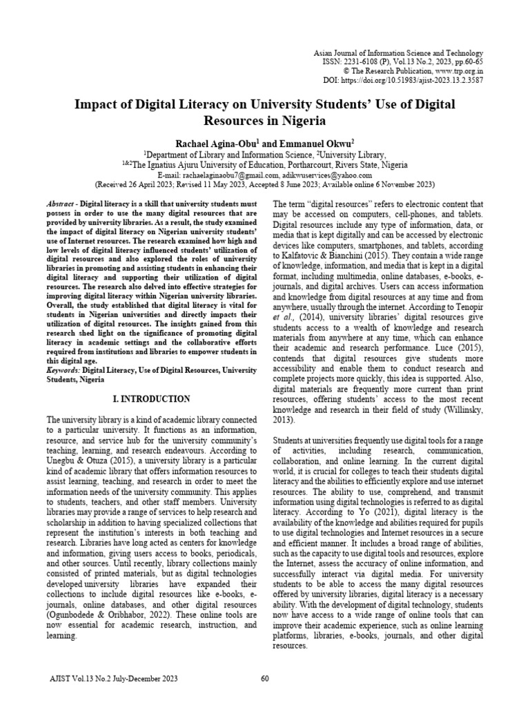 Impact of Digital Literacy On University Students | PDF | Libraries ...