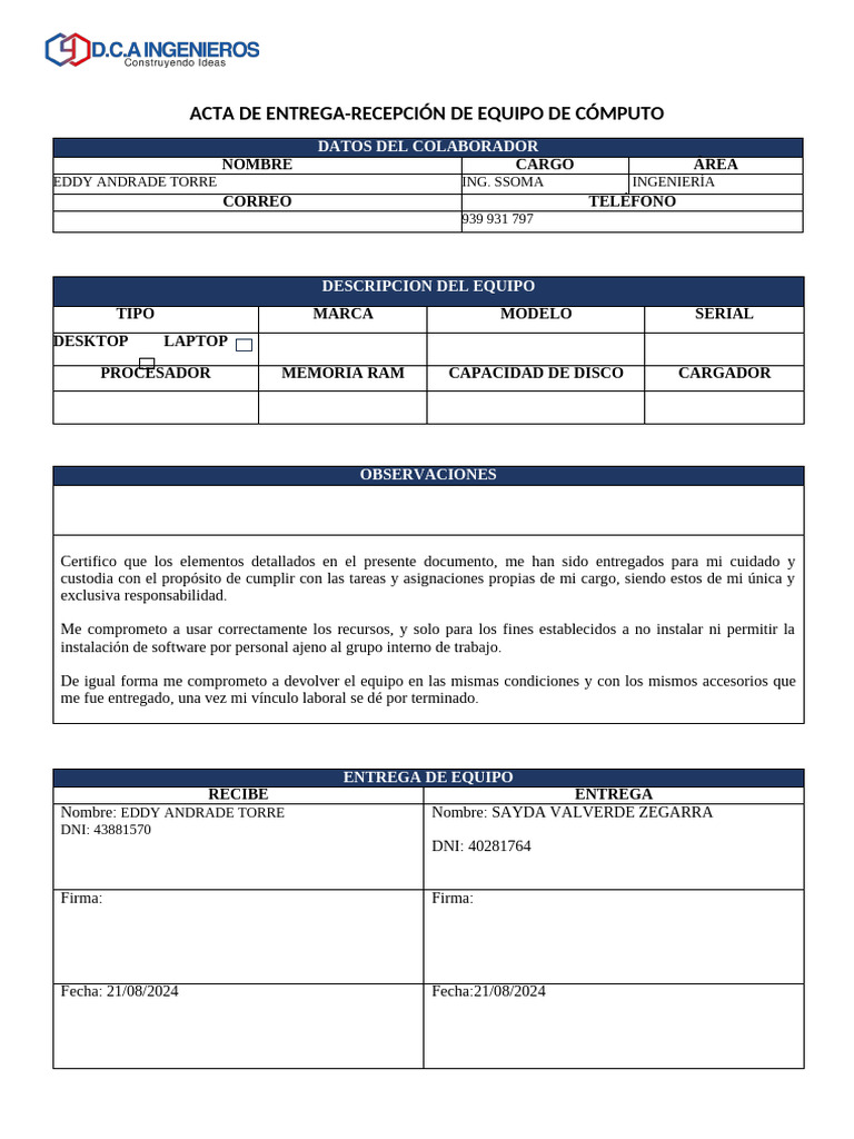Acta de Entrega de Equipo de Cómputo | PDF