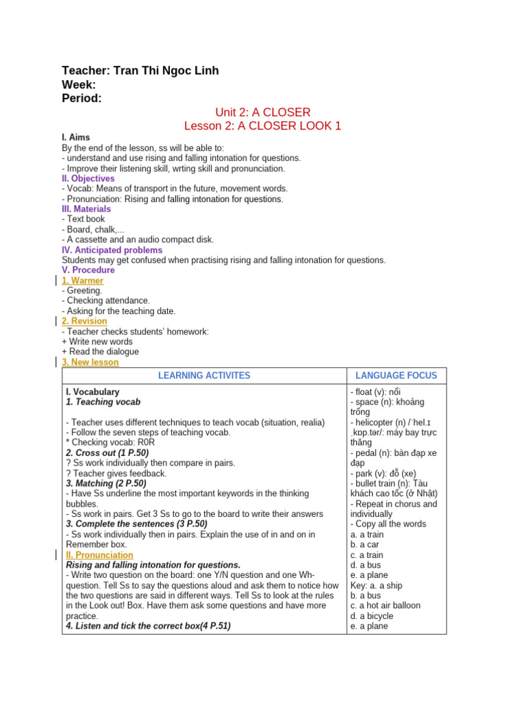 Tran Thi Ngoc Linh-Lesson Plan - Grade 7 | PDF | Question | Vocabulary