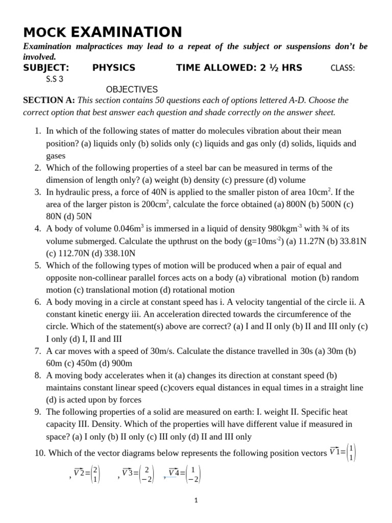 Physics Mock Exam Questions and Answers | PDF | Waves | Gases