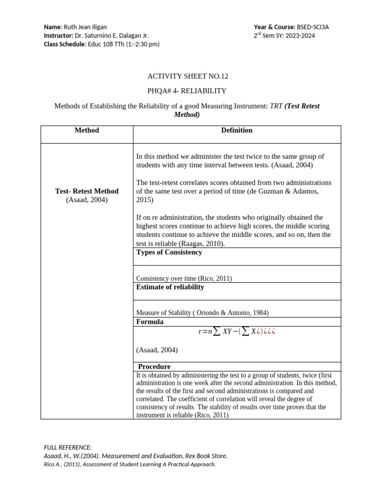 Activity No. 12 Phqa# 4 Test Re-Test Method | PDF | Evaluation Methods ...