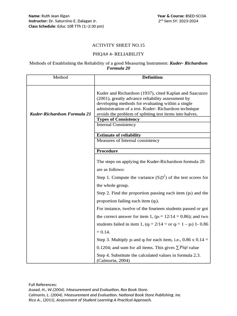 ACTIVITY NO. 15 PHQA# 4 KRF-20 METHOD Docx - 2 - 2 - 2 | PDF | Applied ...