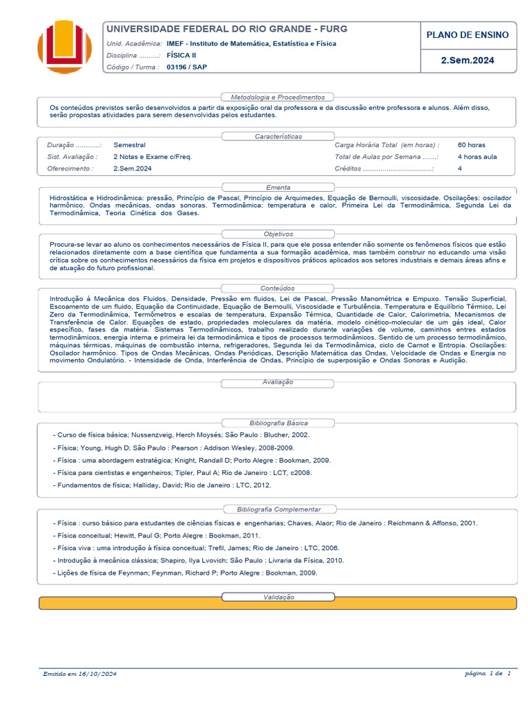 Plano de Ensino: Física II - 2º Sem. 2024 | PDF | Temperatura | Física