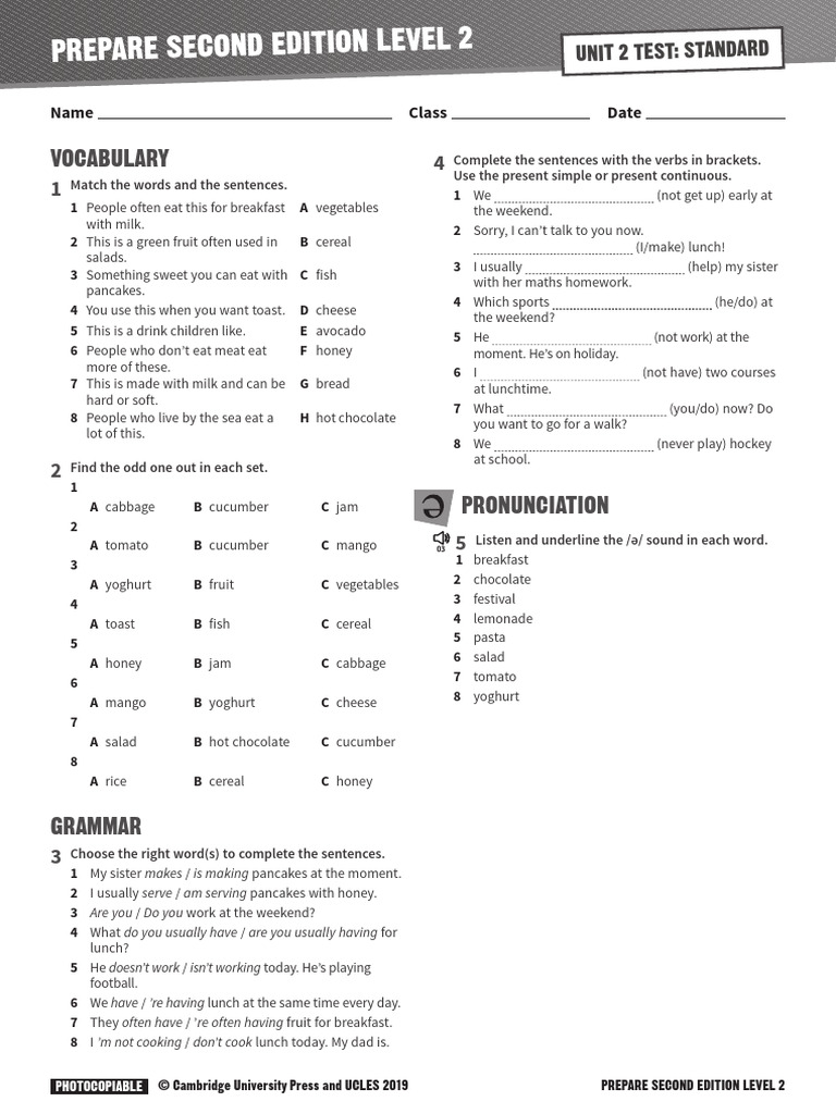 Prepare 2 Level 2 Unit 2 Test | PDF | Lunch | Pancake
