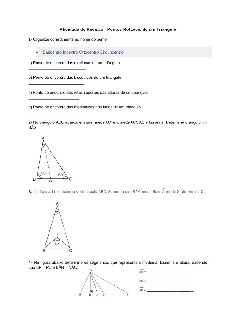 Pontos Notáveis de um Triângulo: Exercícios 8º Ano | PDF | Métodos e ...