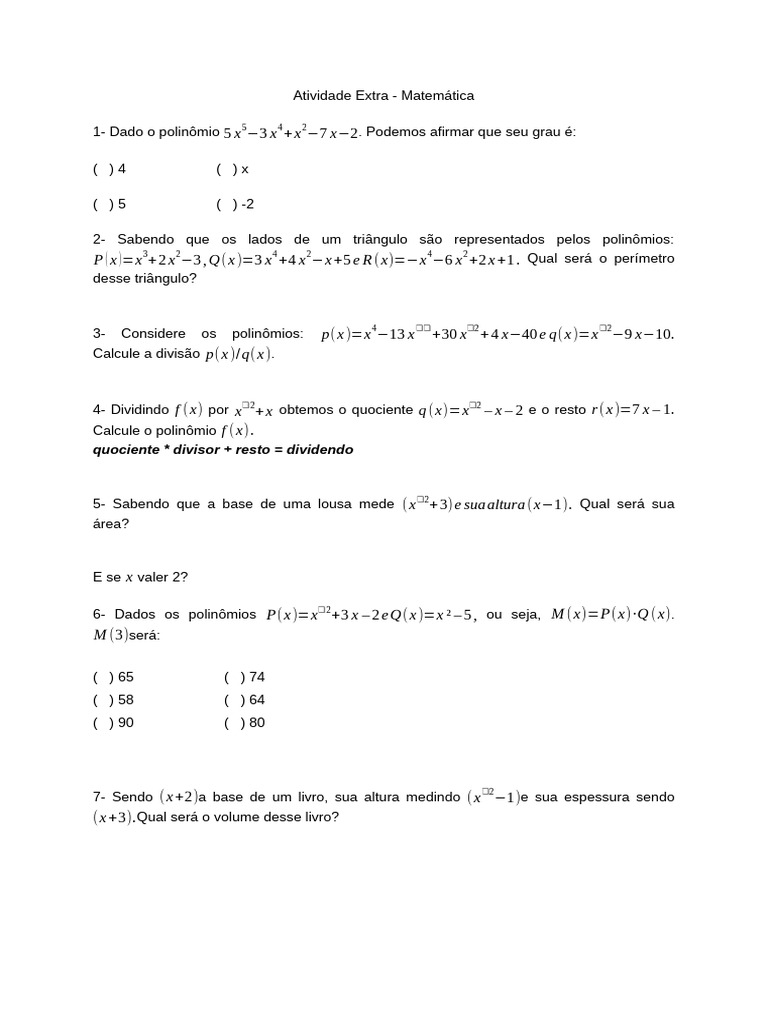 Exercícios de Polinômios e Geometria | PDF