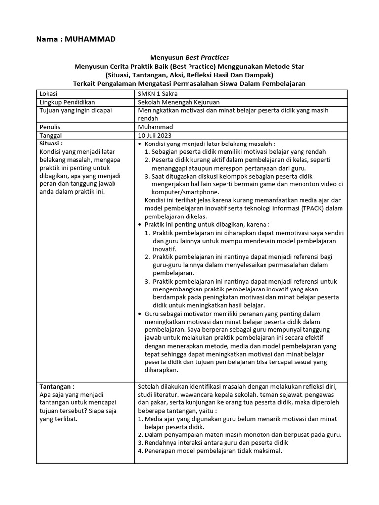 Best Practices Metode Star di SMKN 1 Sakra | PDF | Karier & Perkembangan