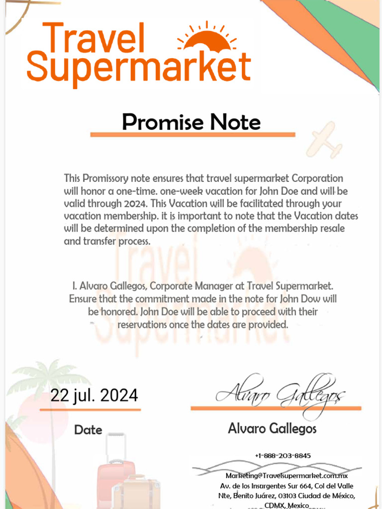 Travel Supermarket Vacation Promise Note | PDF