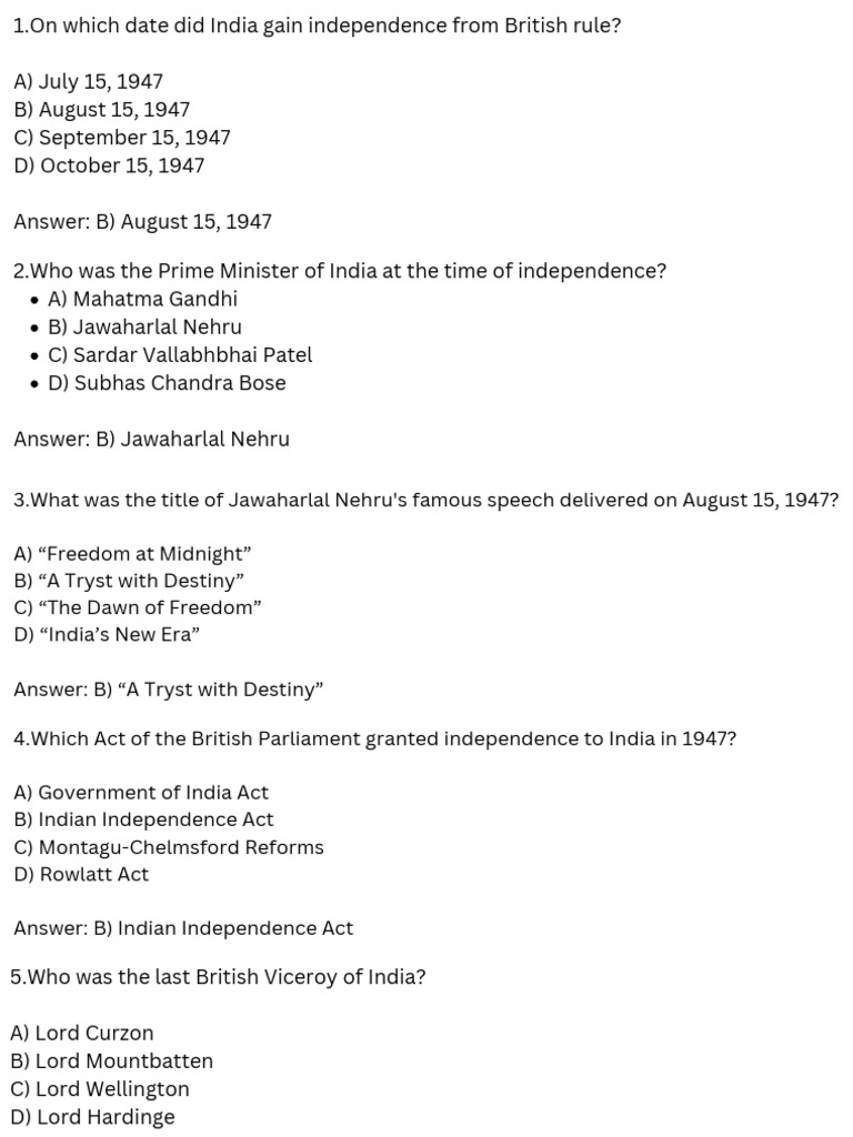 Indian Independence Quiz Facts | PDF | Partition Of India | British Raj