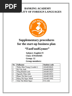 SUPPLEMENTARY PROCEDURES FOR THE START-UP BUSINESS PLAN “FASTFOODGYMER”