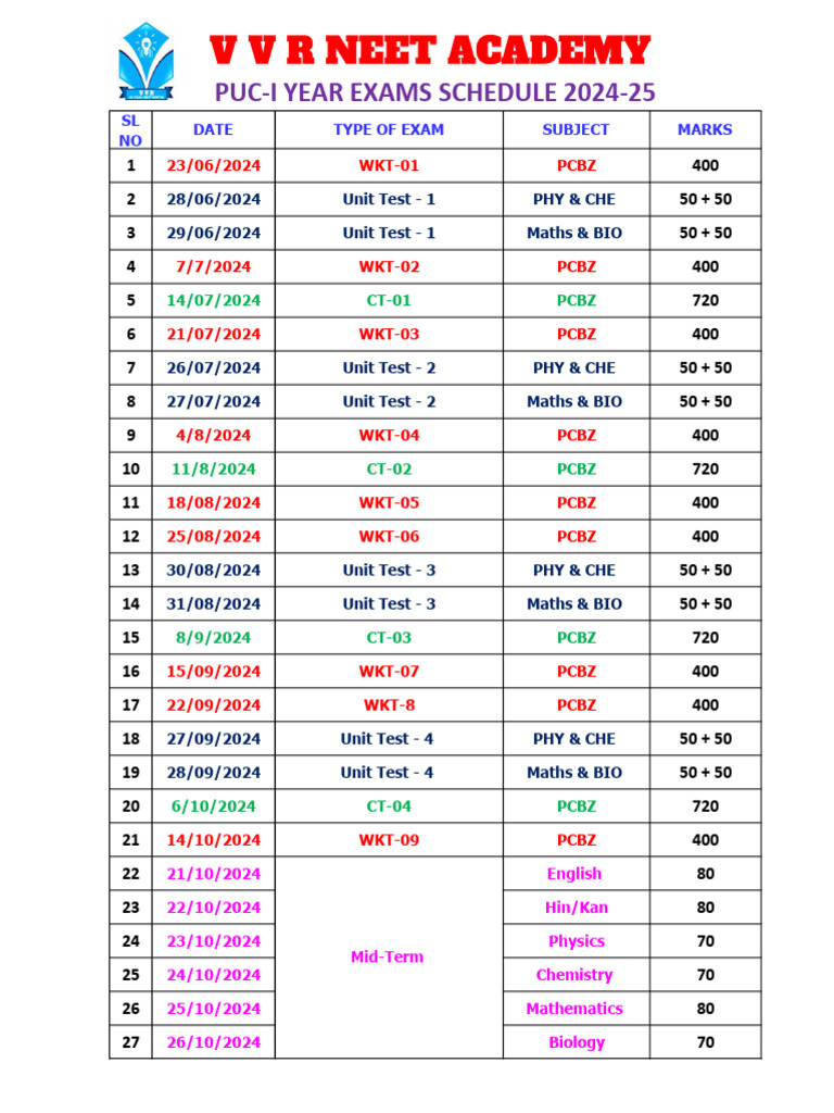 Puc I Year Exam Schedule 2024 25 Pdf Qualifications Standardized