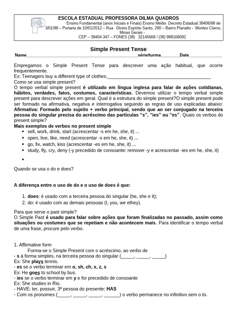 Guia Completo do Simple Present Tense | PDF | Assunto (gramática ...