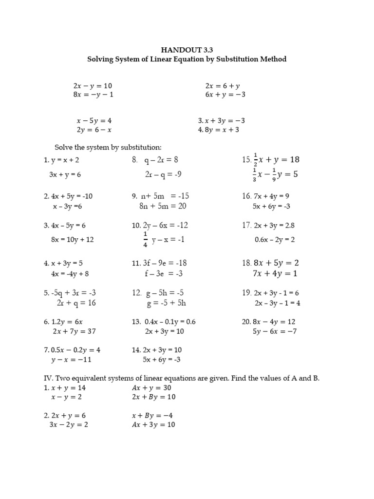 Solving Linear Equations by Substitution | PDF