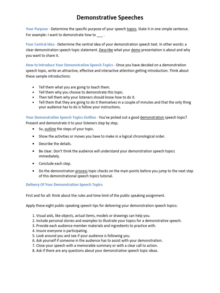 Demonstrative Speech Notes | PDF | Public Speaking | Sentence (Linguistics)