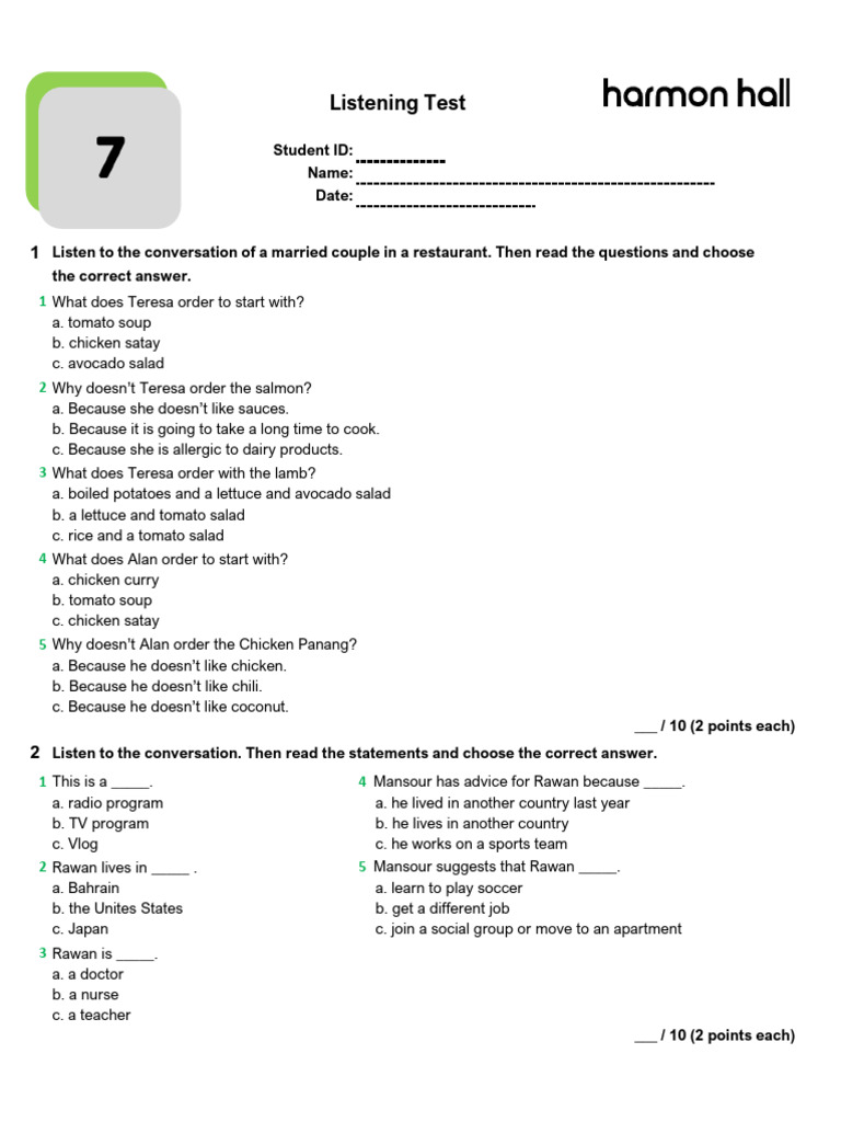 Course 7 Listening Test | PDF | Cuisine | Foods