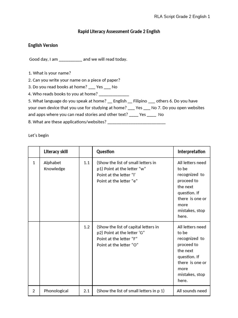 Script For The Rapid Literacy Assessment Grade 2 English | PDF ...