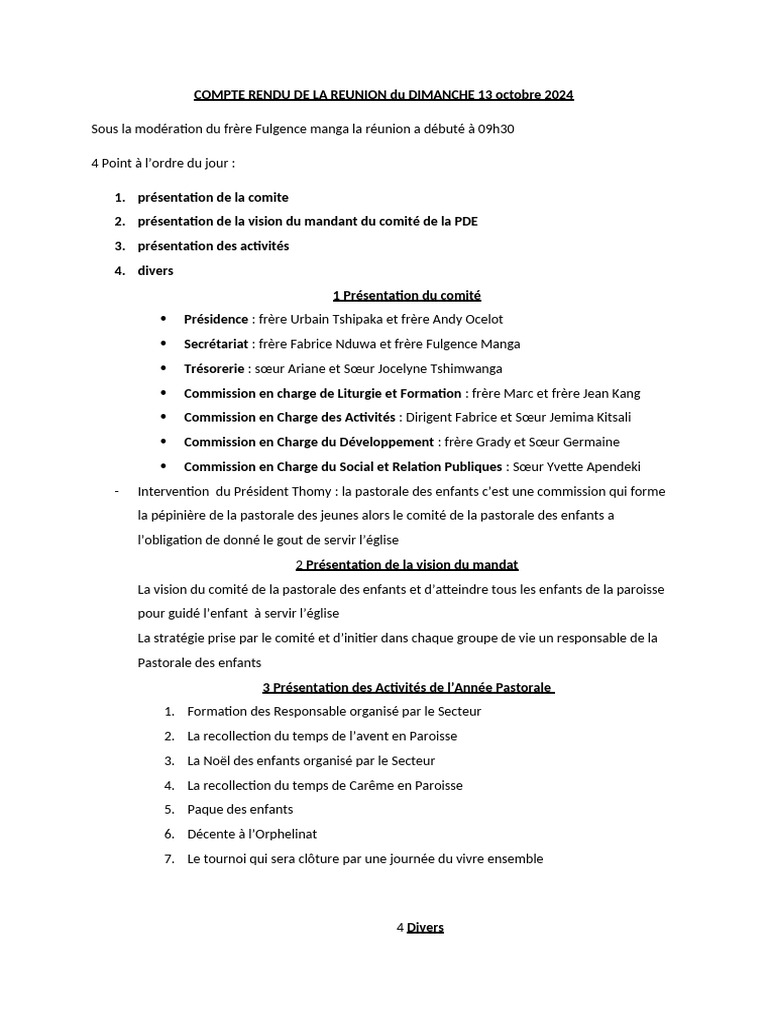 Compte Rendu Réunion PDE 13 Octobre 2024 | PDF