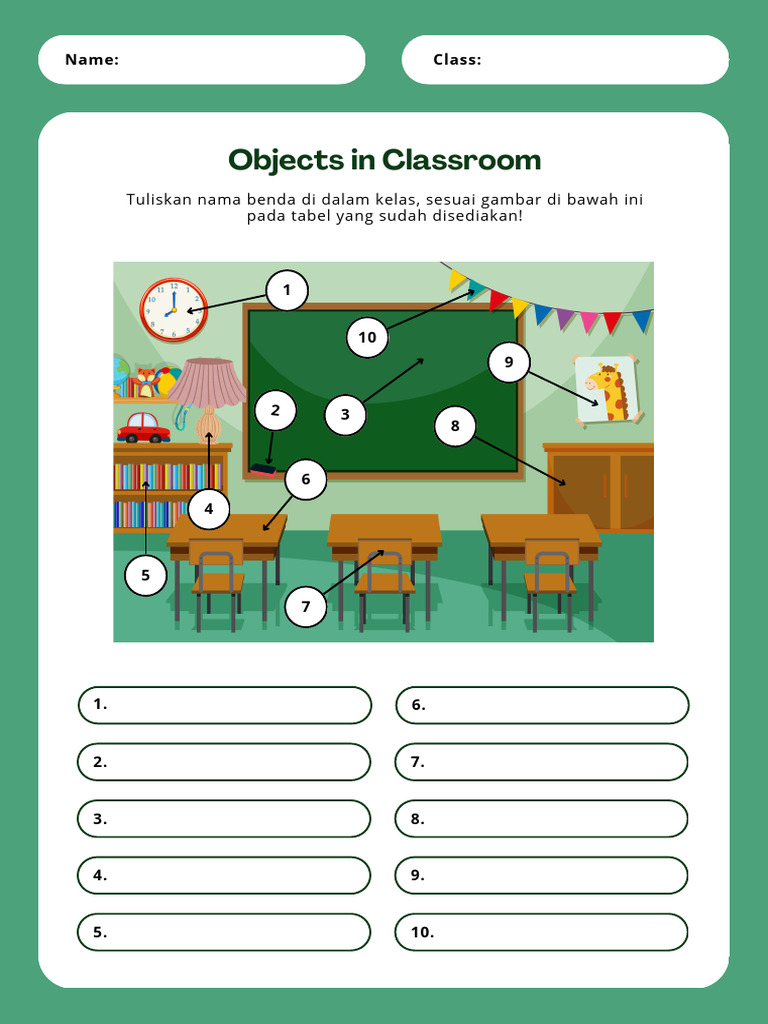 Mengenal Benda Di Dalam Kelas Lembar Kerja Sederhana Hijau Illustratif