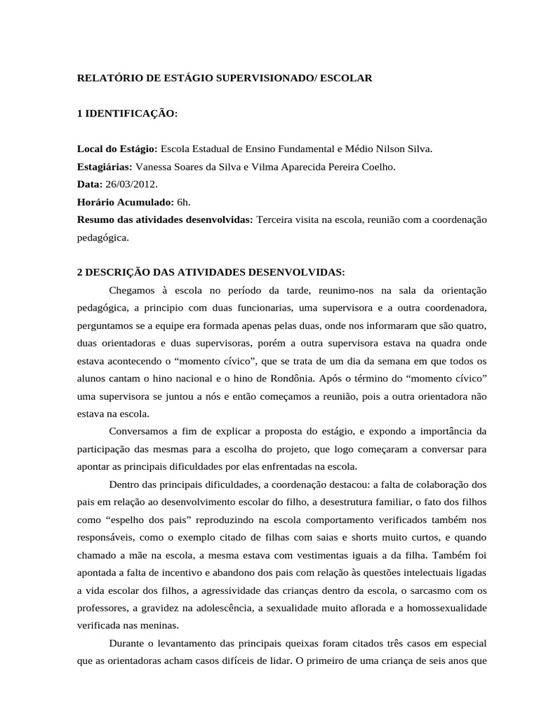 Relatório de Estágio em Escola Pública | PDF | Aprendizado | Família