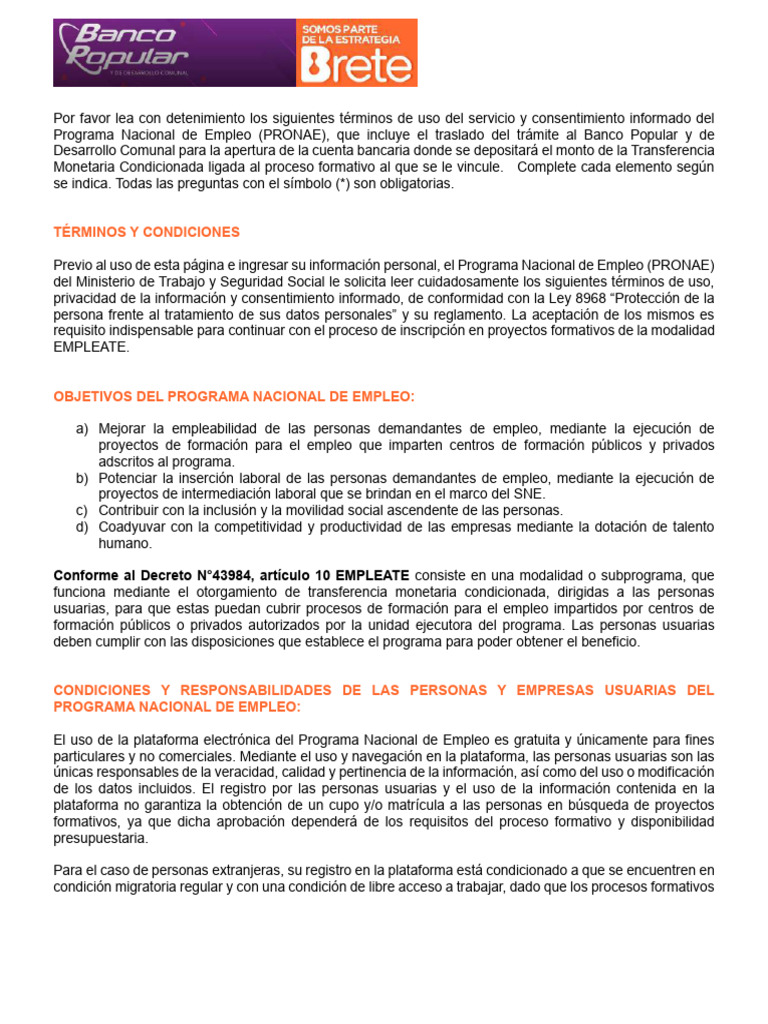 Términos de Uso PRONAE y Formulario | PDF | Bancos | Empleo