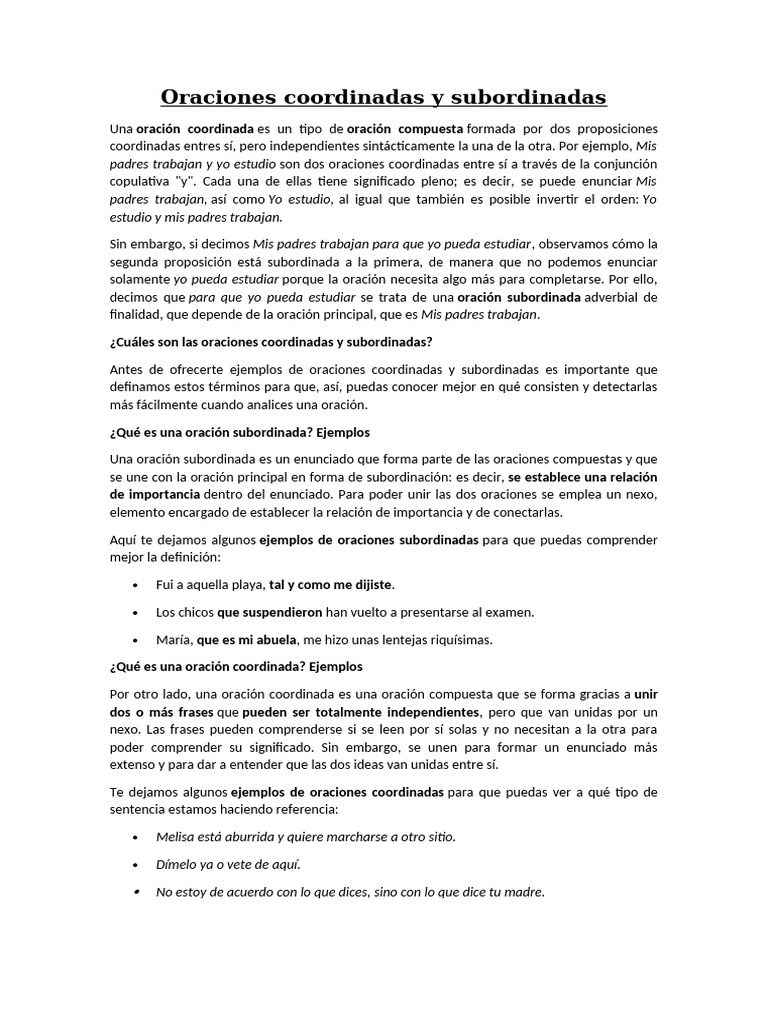 Oraciones Coordinadas y Subordinadas | PDF | Oración (Lingüística ...