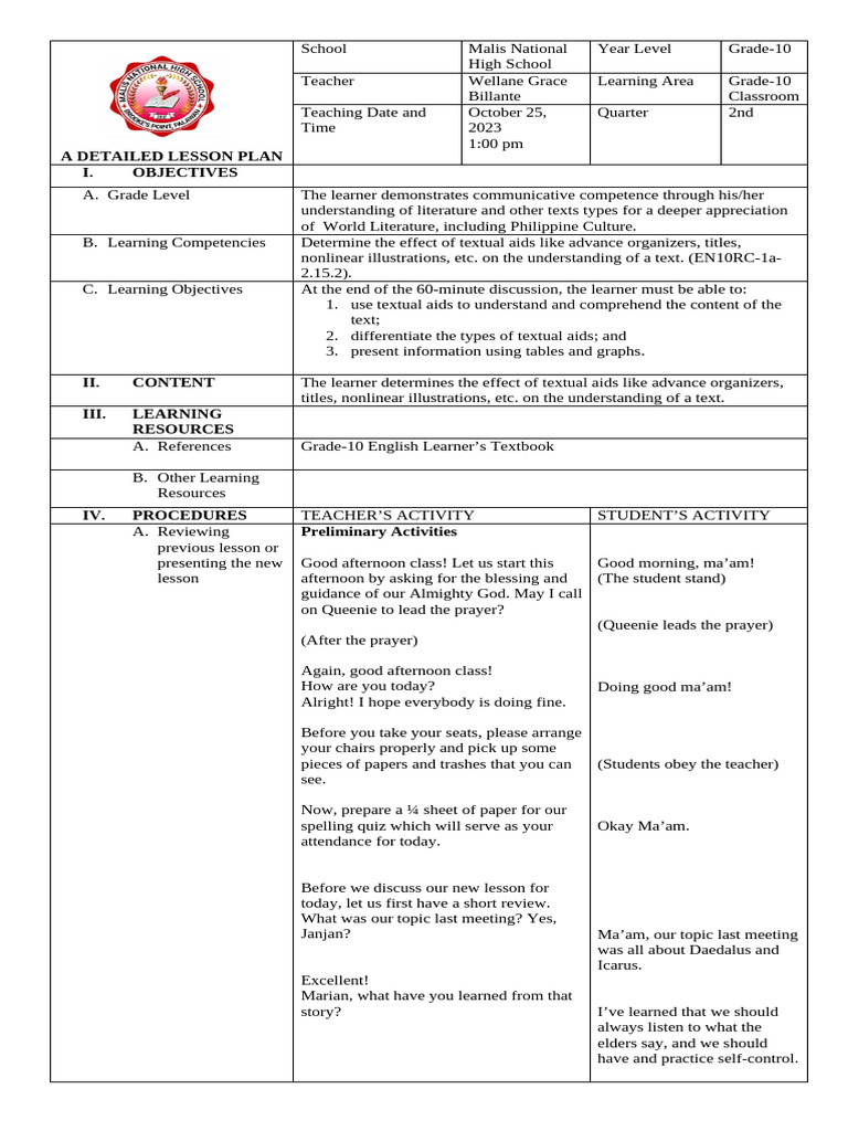 Textual Aids in Grade 10 English Lesson | PDF | Learning | Lesson Plan