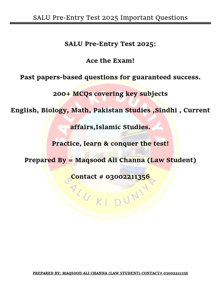 SALU Pre-Entry Test 2025 Guide | PDF | Force | Cell (Biology)