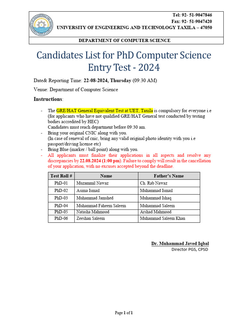 PhD Computer Science Entry Test Candidates 2024 | PDF