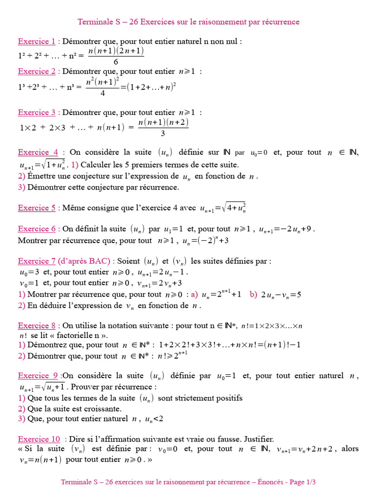 26 Exercices de Récurrence en Terminale S | PDF | Entier naturel ...