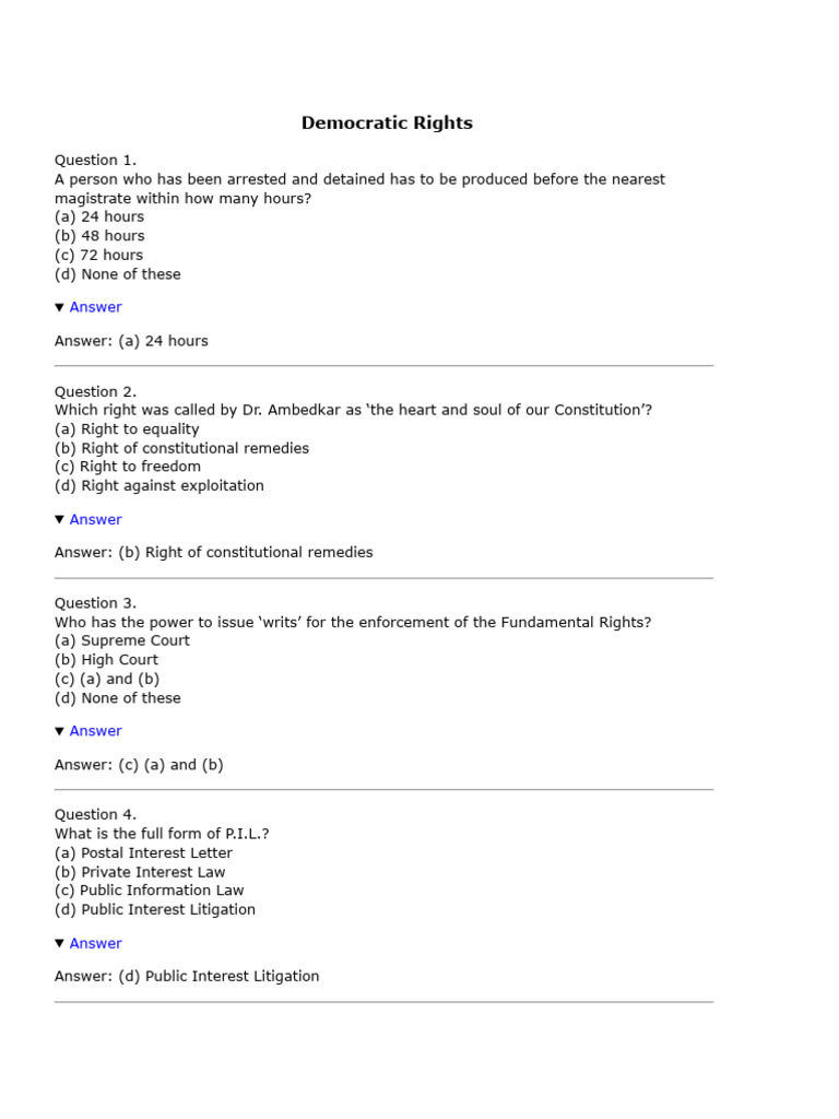 Class 9 Democratic Rights Q&A Guide | PDF | Government | Social Ethics