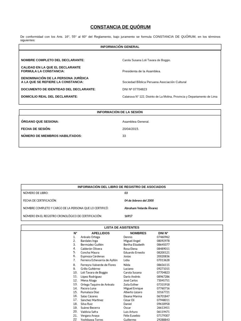 Constancia de Quórum (Aga) 20 - 04 - 2015 | PDF