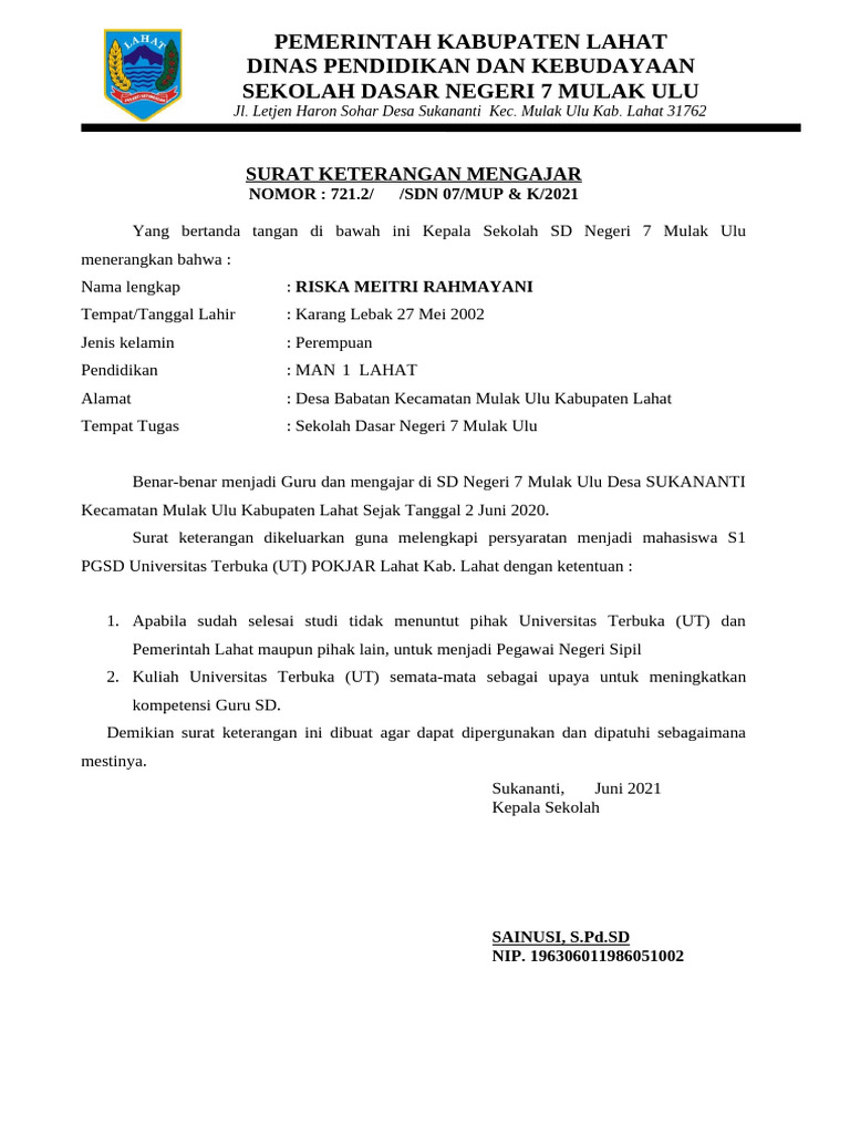 Surat Keterangan Mengajar Untuk Ut Pdf 