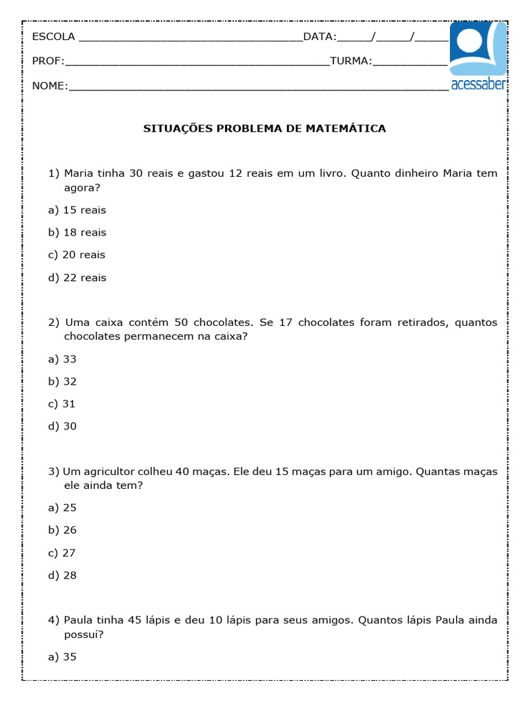 Situacoes Problema de Subtracao 2 e 3 Ano para Imprimir | PDF