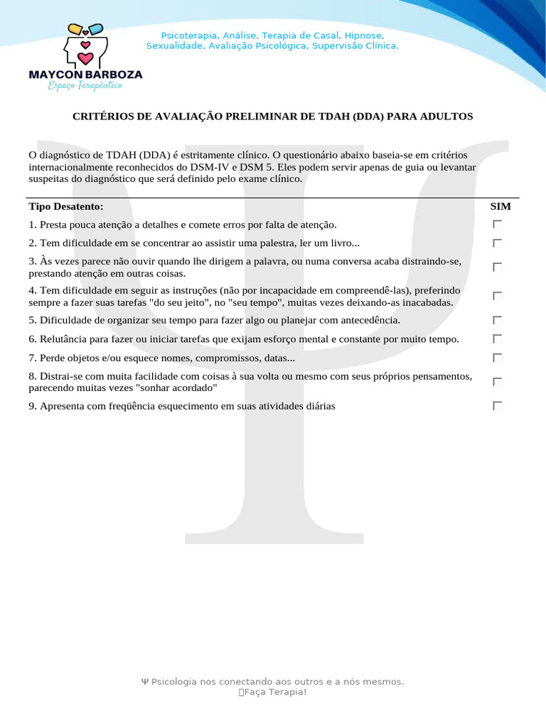 Avaliação de Sintomas de TDAH para Adultos | PDF | Transtorno de ...
