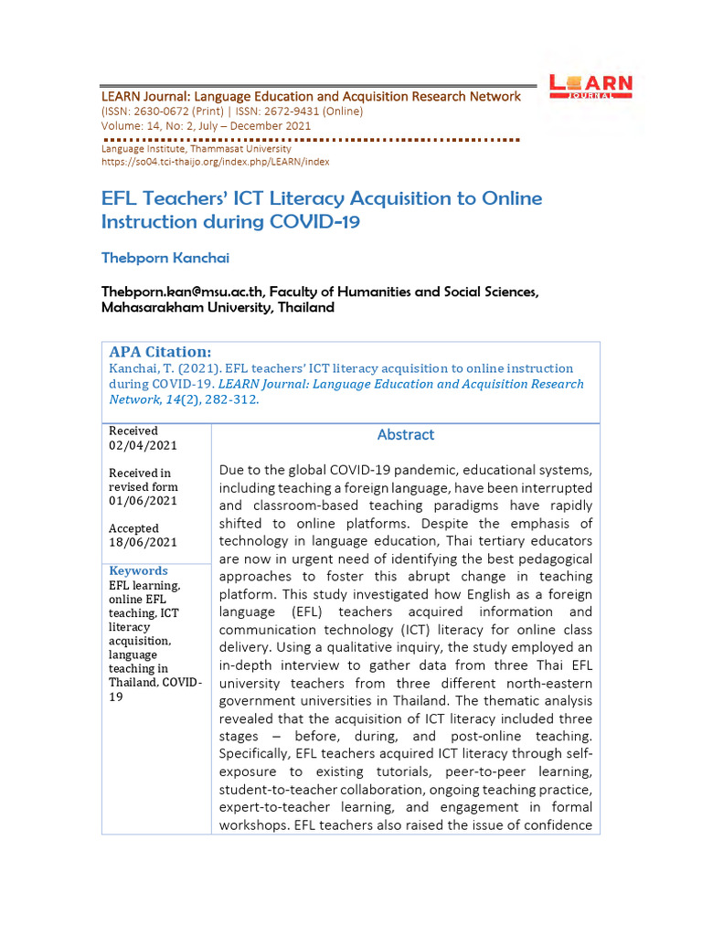 EFL Teachers' ICT Literacy During COVID-19 | PDF | Educational ...
