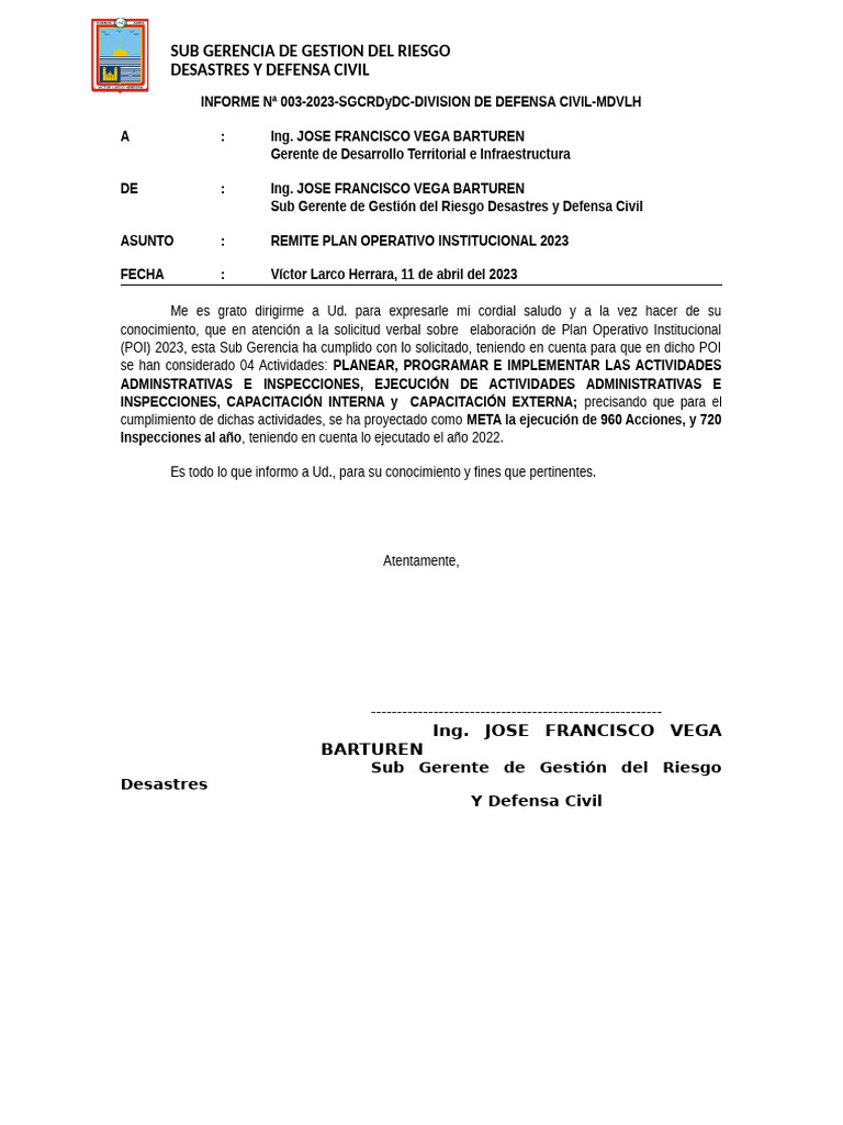 Informe #003-2023-Sgcrdydc-Mdvlh-Remite Remite Plan Operativo Itse 2023 ...