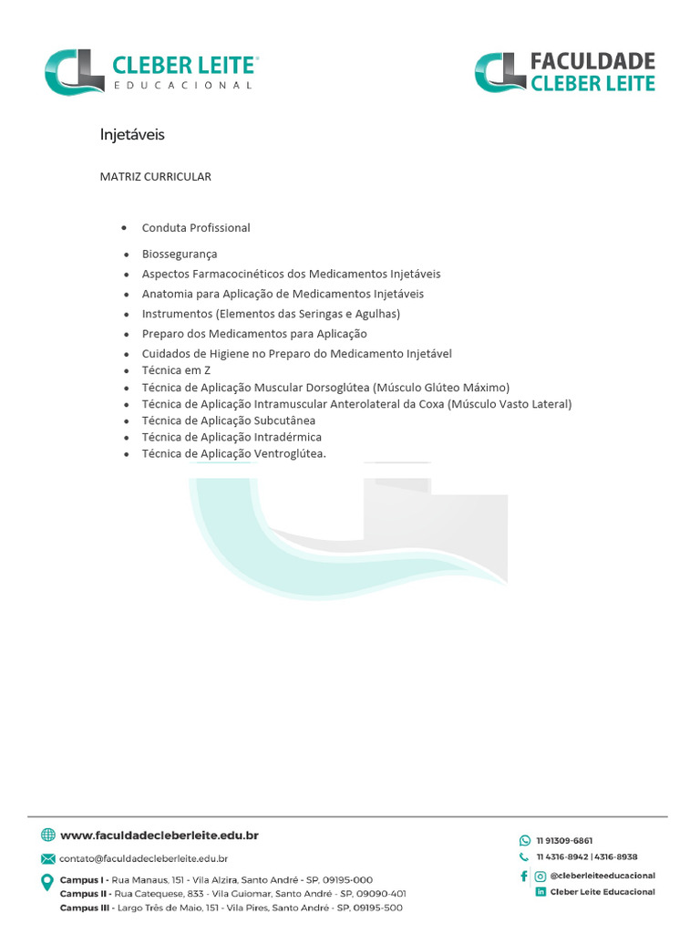 Matriz Curricular de Injetáveis | PDF